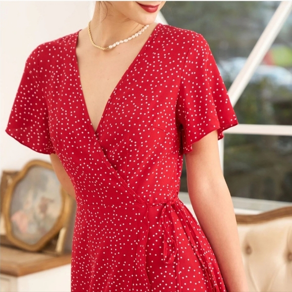 NWT Rihoas Red & White PolkaDot Wrap Midi Dress, Medium - Picture 4 of 17